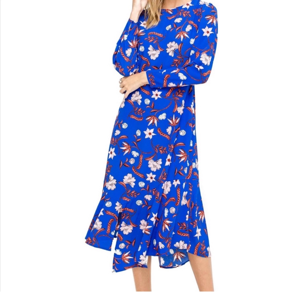 Astr The Label Ruffle Cobalt Blue Floral Ls Asymmetrical Hem Dress